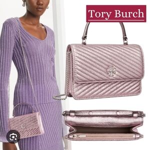 Tory Burch Kira Metallic Pink Moto Quilt Mini Top Handle Crossbody